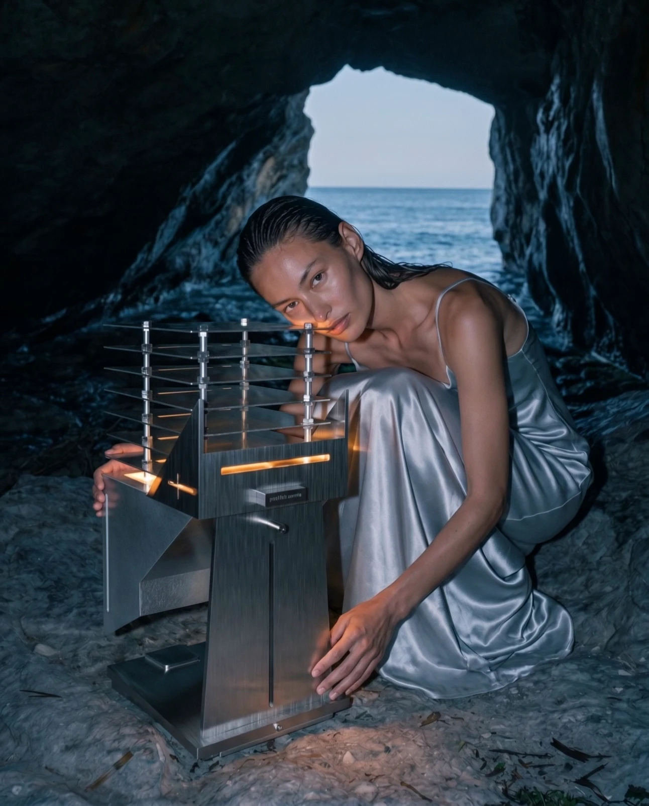POST(DOT)SERVICE — 001 BEAM modular light glowing warm amber inside a blue-hour sea cave