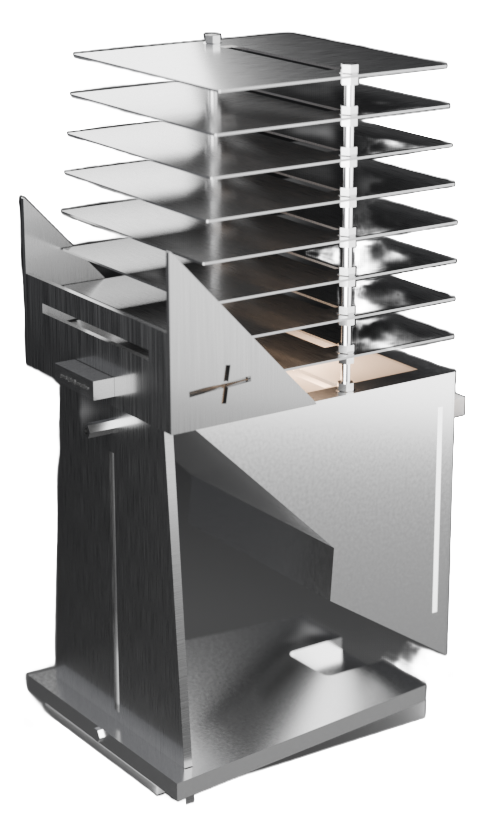 001 BEAM modular architectural lighting, perspective view, brushed stainless steel with warm amber internal glow