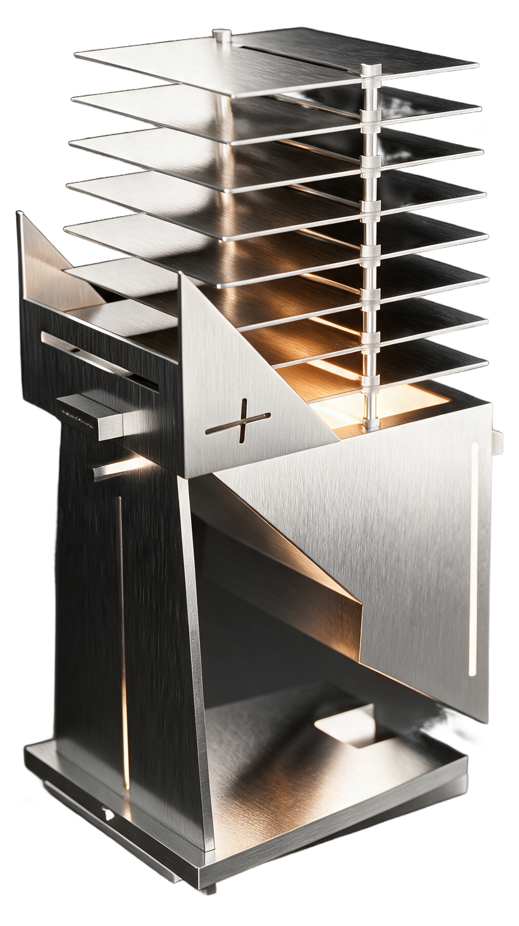 001 BEAM modular architectural lighting, perspective view, brushed stainless steel with warm amber internal glow